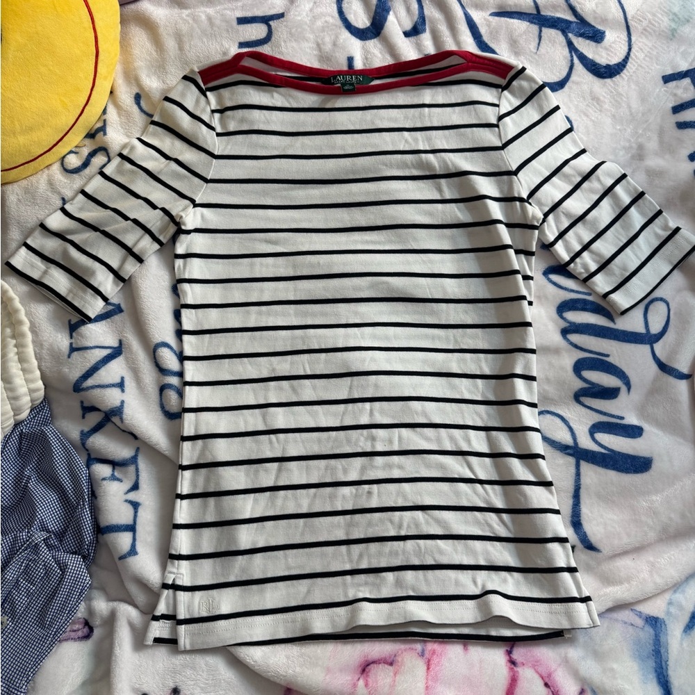 Ralph Lauren White Tee with Navy Stripes and Red Trim
